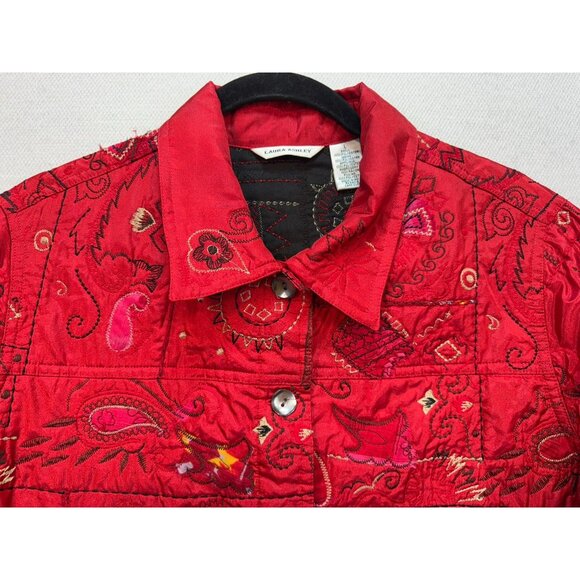 Laura Ashley Womens Embroidered Quilted Jacket L Red Stain Designed - Picture 4 of 14